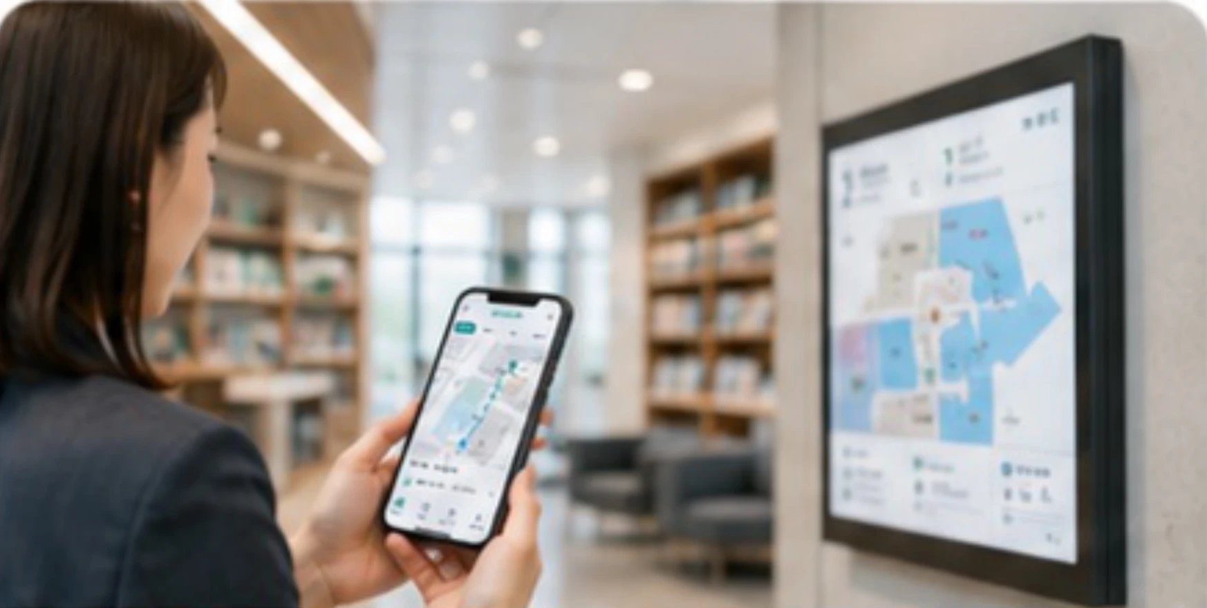 施設の案内図とスマートフォンで行き先を確認するイメージ