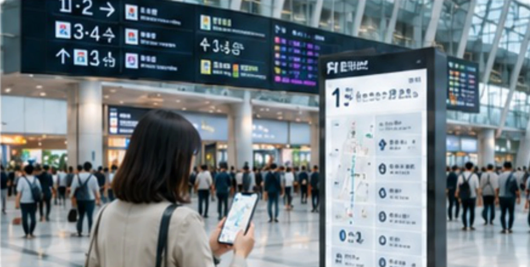 駅の構内でスマートフォンと案内板を確認する利用者のイメージ